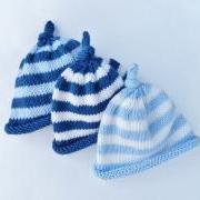 Knit baby hat - Newborn baby stripped hat - Navy blu - Light blue - White - Baby beanie hat - Knot on the top - Photo prop