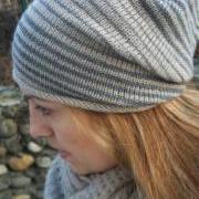 Knit hat - Slouchy knit hat - Slouchy beanie- Knitted Beanie hat - Slouch hat - Stripped knit hat - Beige- Tan -Ecru -Grey -Gray