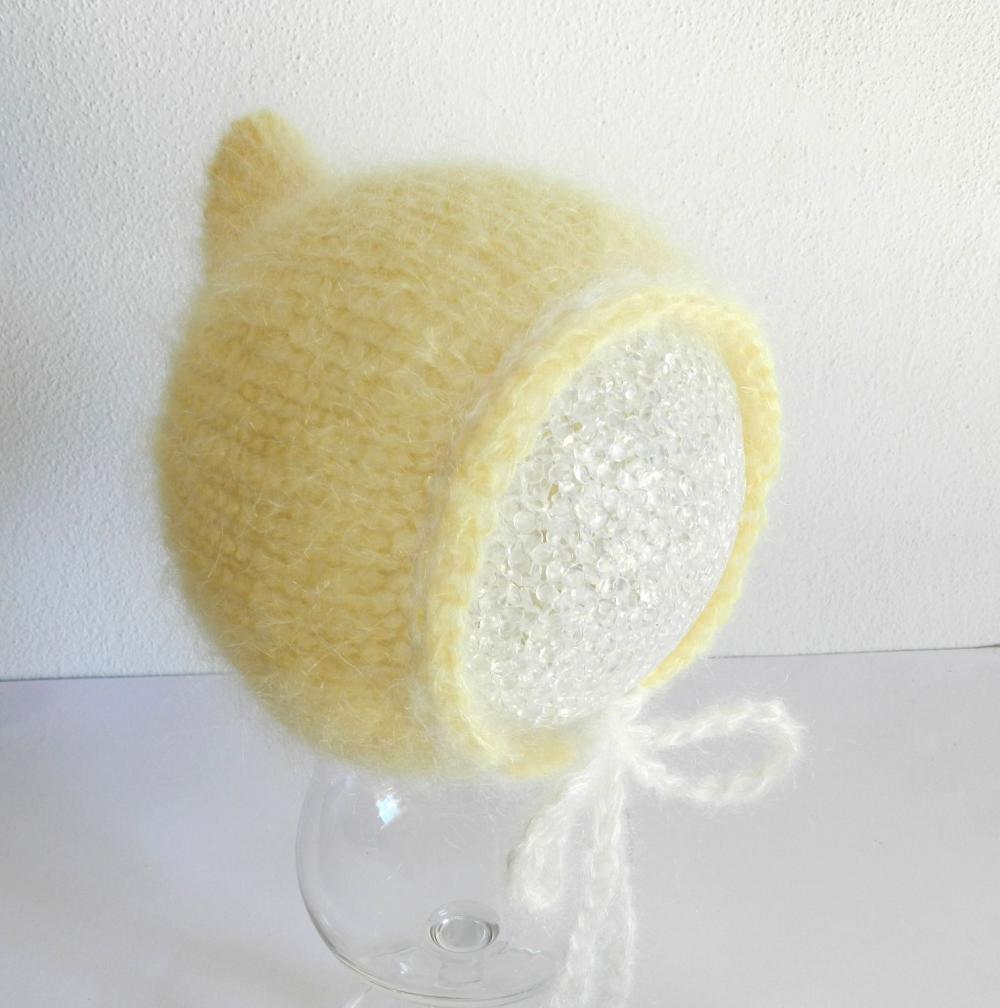 Baby Hat - Photo Prop - Baby Mohair Hat -baby Bonnet - Newborn Baby Hat -mohair Bonnet - Buttery Yellow - Pale Yellowpixie Hat